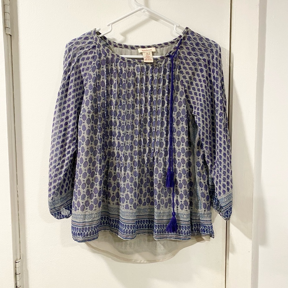 Sundance catalog silk blouse block print boho top XS pin tuck flowy shirt